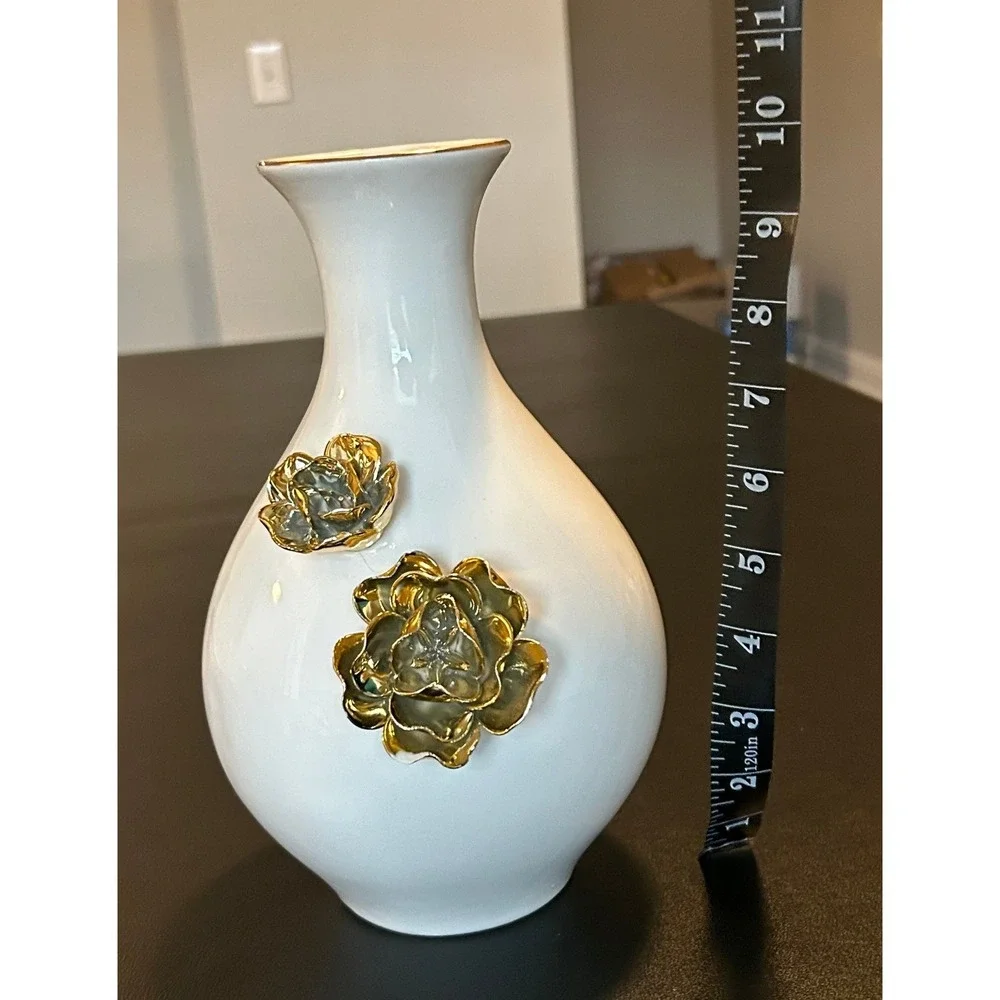 Providence At Home White Ceramic Vase Gold Metallic Roses 3D Floral 9.5 inch